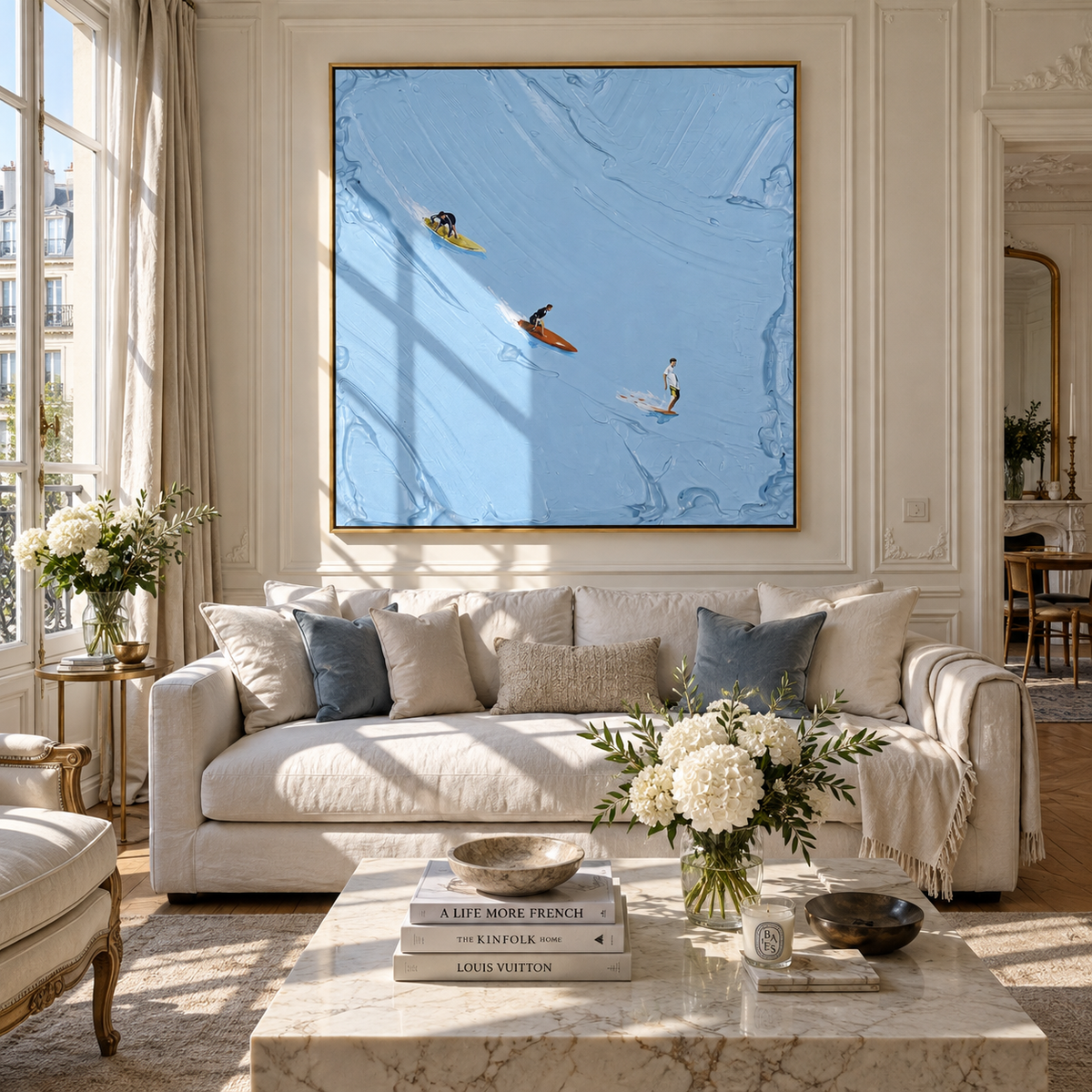 Azure Umber Swimmers Strata Quiet - textured swimmer painting displayed in a styled interior