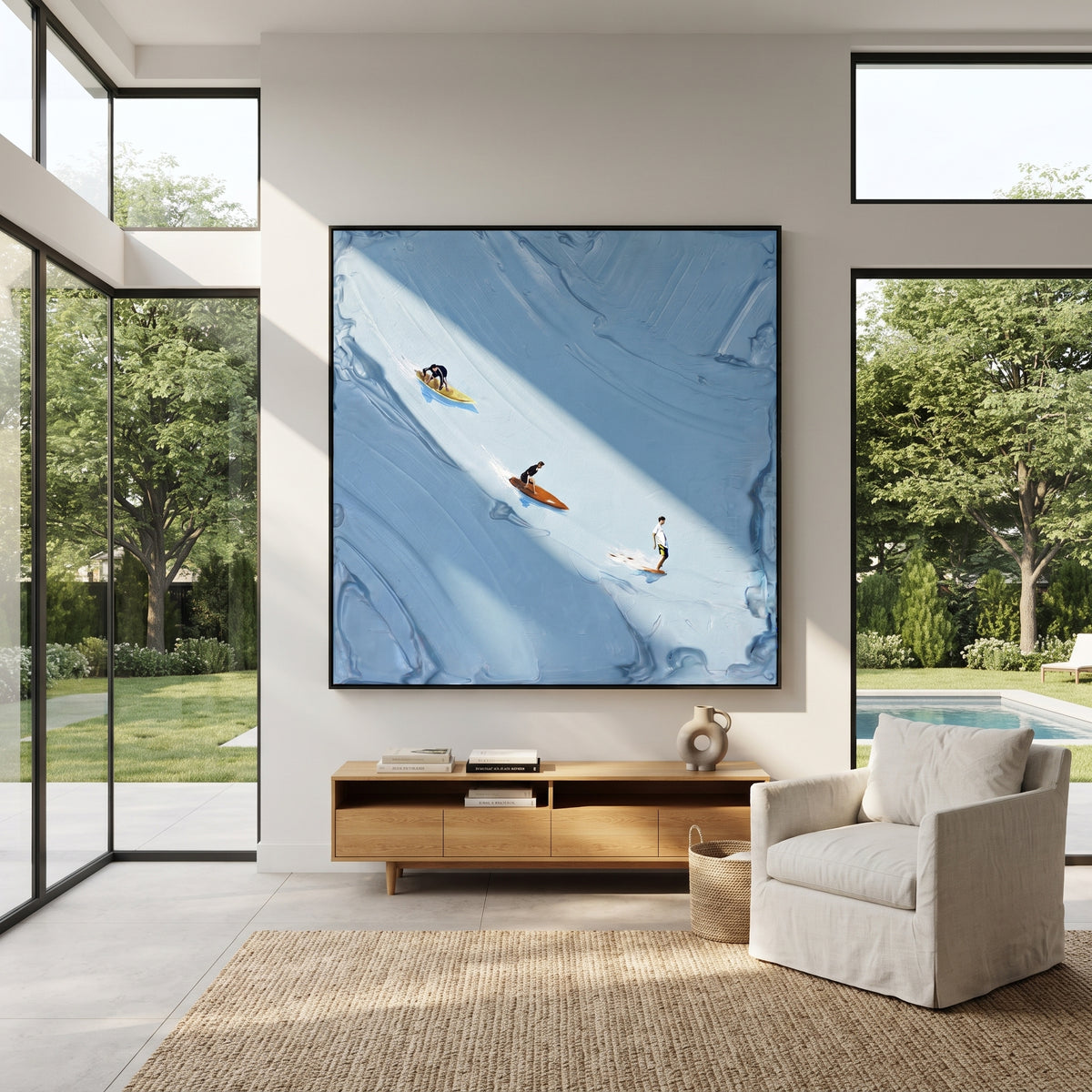 Azure Umber Swimmers Strata Quiet - textured swimmer painting shown in modern room setting 3