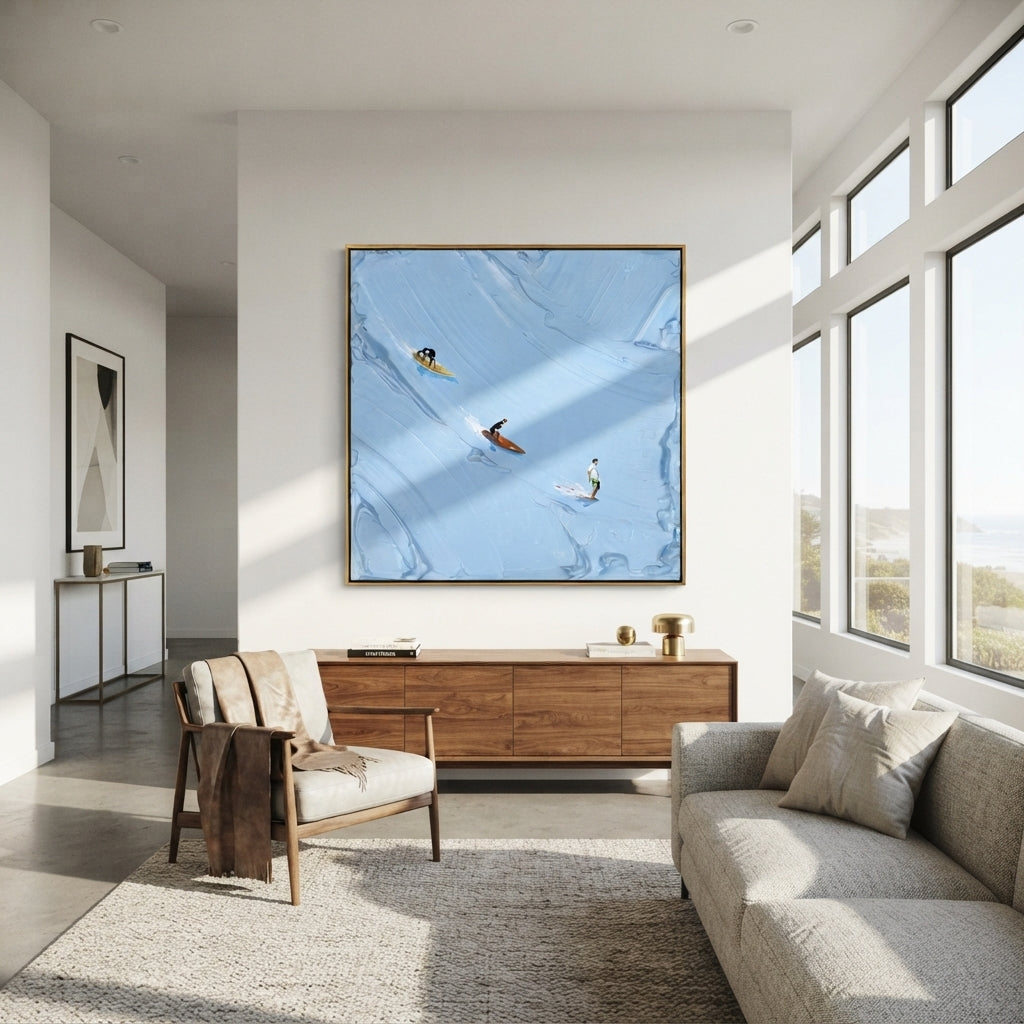 Azure Umber Swimmers Strata Quiet - textured swimmer painting shown in modern room setting 4