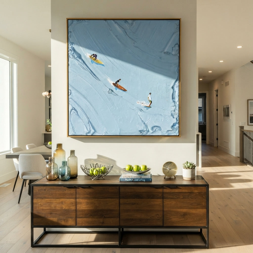 Azure Umber Swimmers Strata Quiet - textured swimmer painting shown in modern room setting 5