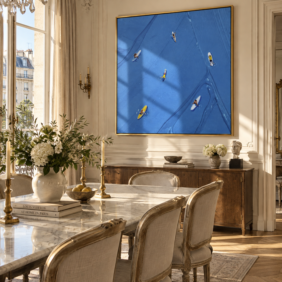Azure Slate Swimmers Terraces Form - textured swimmer painting displayed in a styled interior