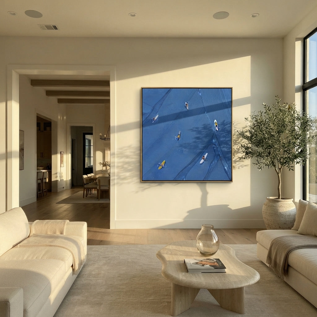 Azure Slate Swimmers Terraces Form - textured swimmer painting shown in modern room setting 5