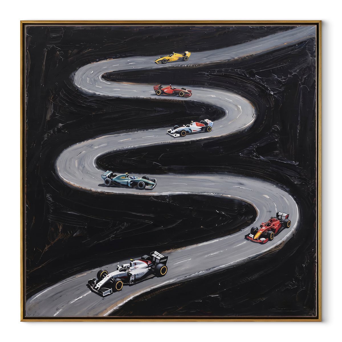 Onyx Slate Road Horizon Motion - textured car painting in a wood frame on white