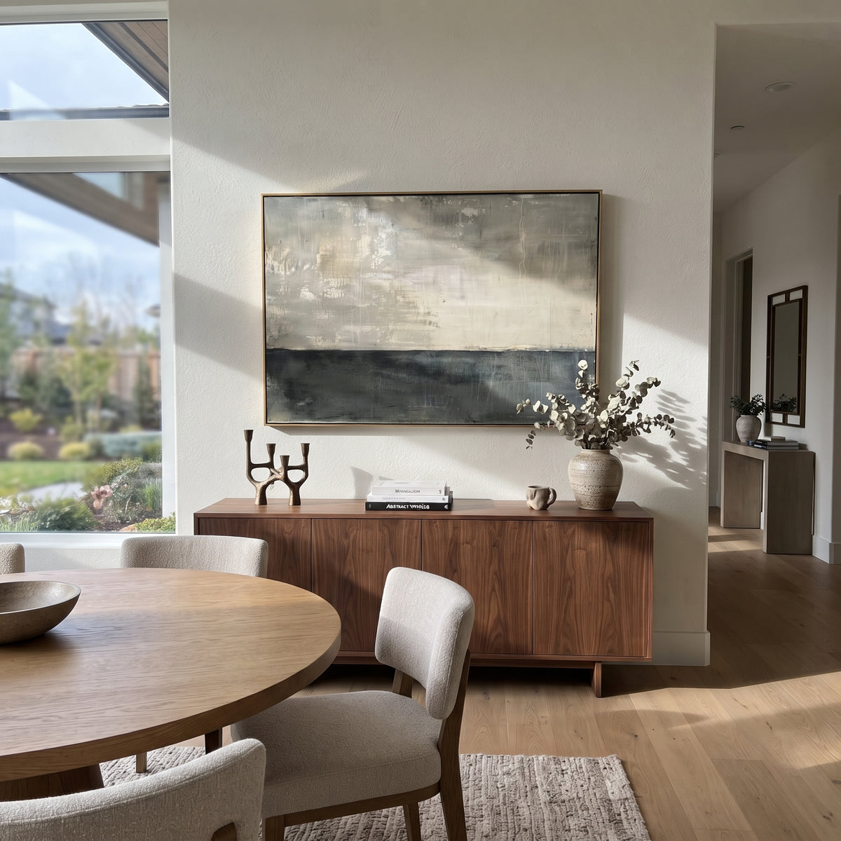 Slate Linen Gilded Fragments Depth - textured abstract painting displayed in a styled interior