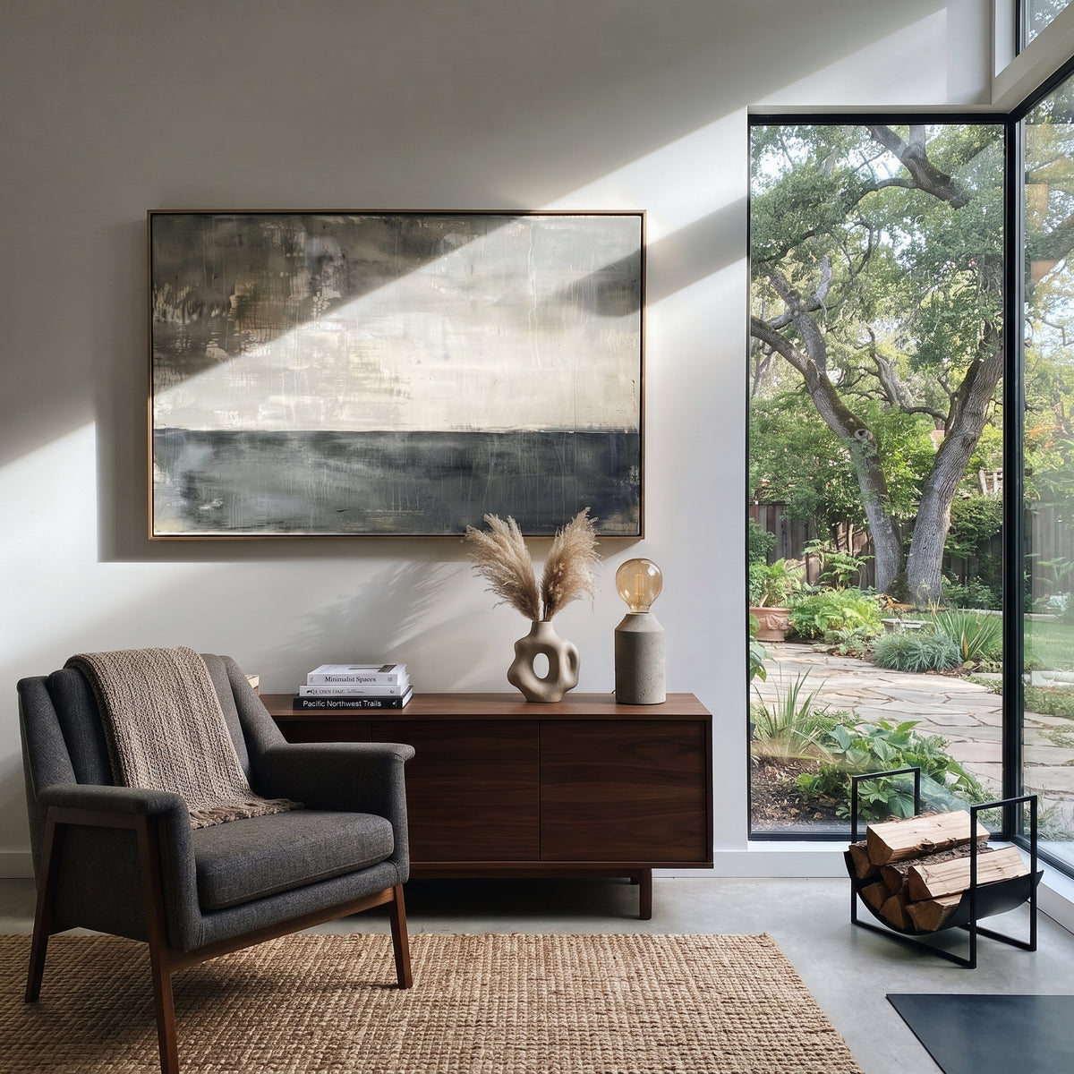 Slate Linen Gilded Fragments Depth - textured abstract painting shown in modern room setting 2