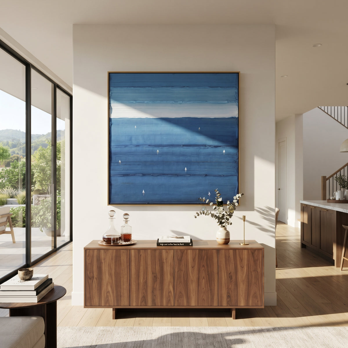 Azure Slate Neutral Field Silence - textured abstract painting displayed in a styled interior
