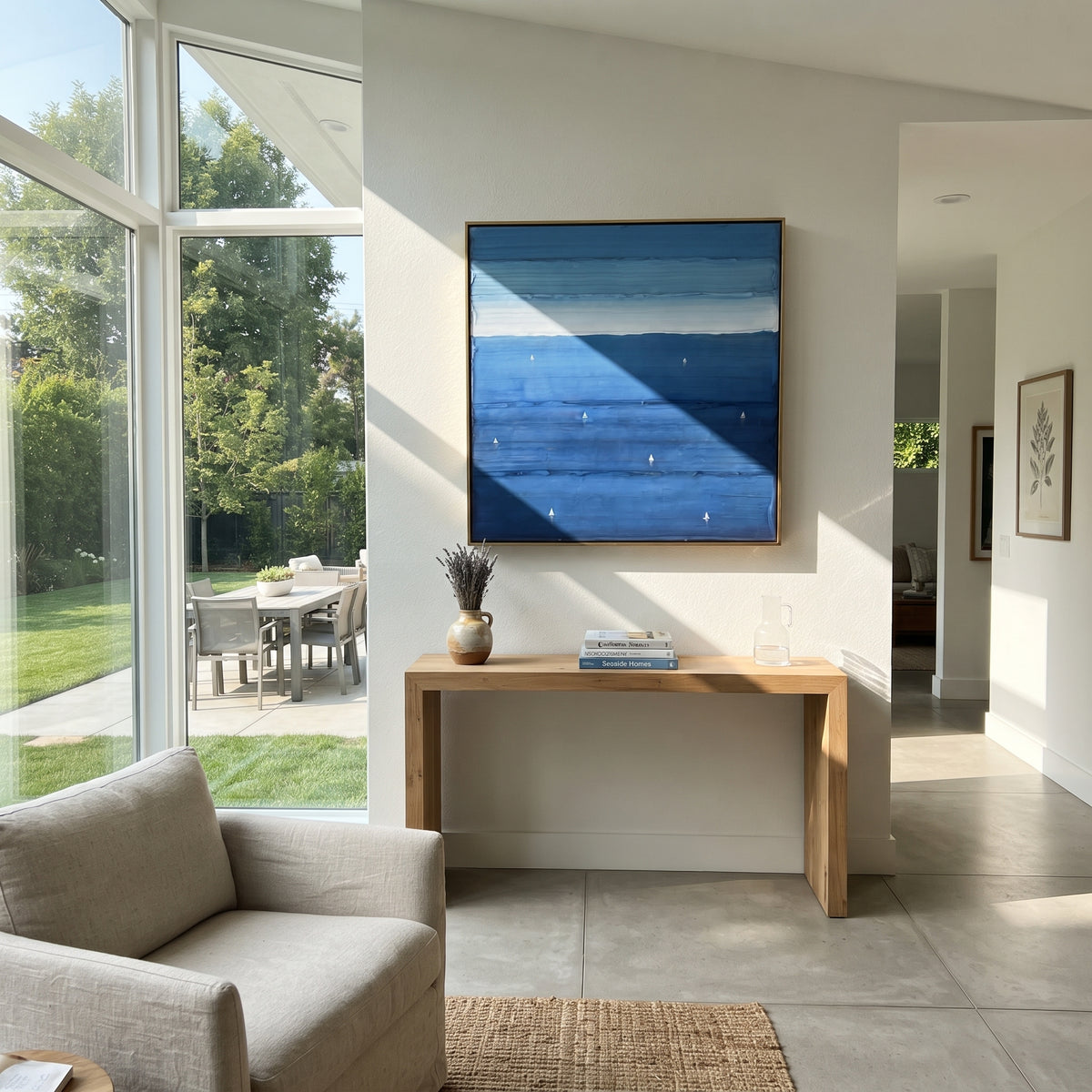 Azure Slate Neutral Field Silence - textured abstract painting shown in modern room setting 2