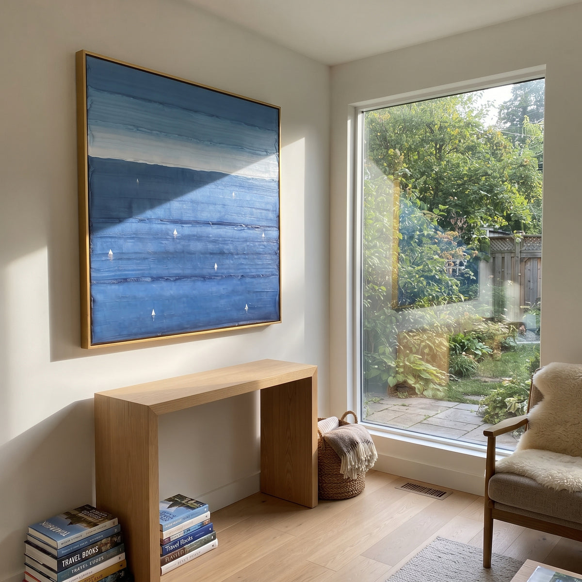 Azure Slate Neutral Field Silence - textured abstract painting shown in modern room setting 3