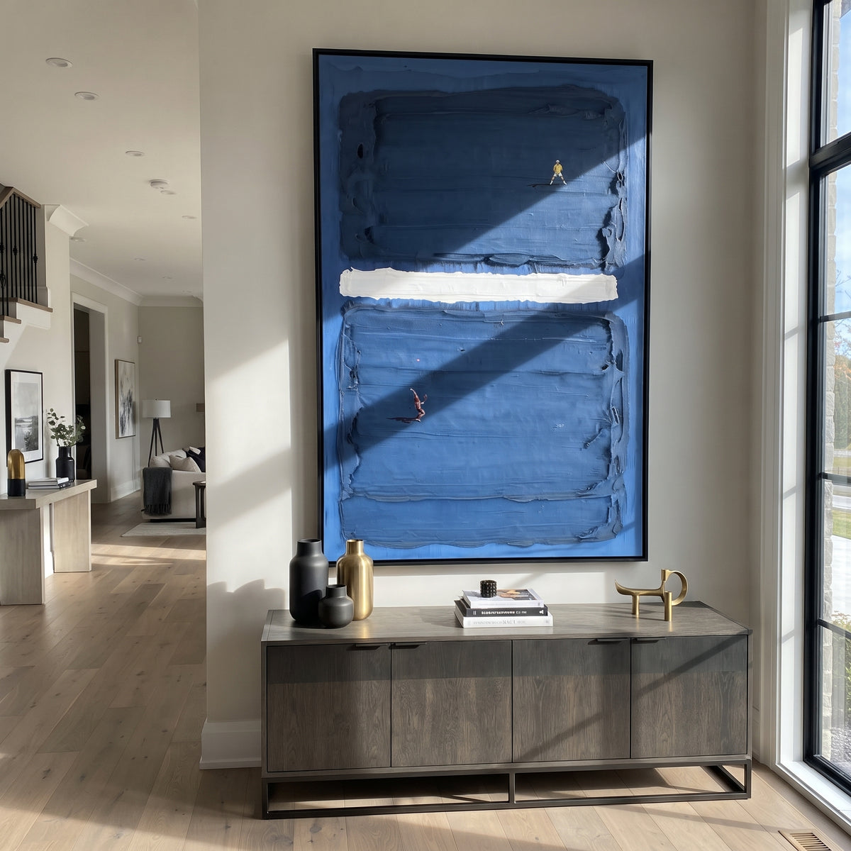 Azure Onyx Slate Passage Pause - textured abstract painting displayed in a styled interior