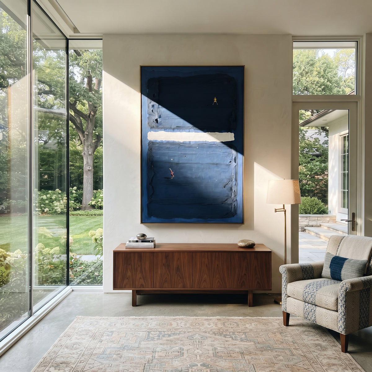 Azure Onyx Slate Passage Pause - textured abstract painting shown in modern room setting 2