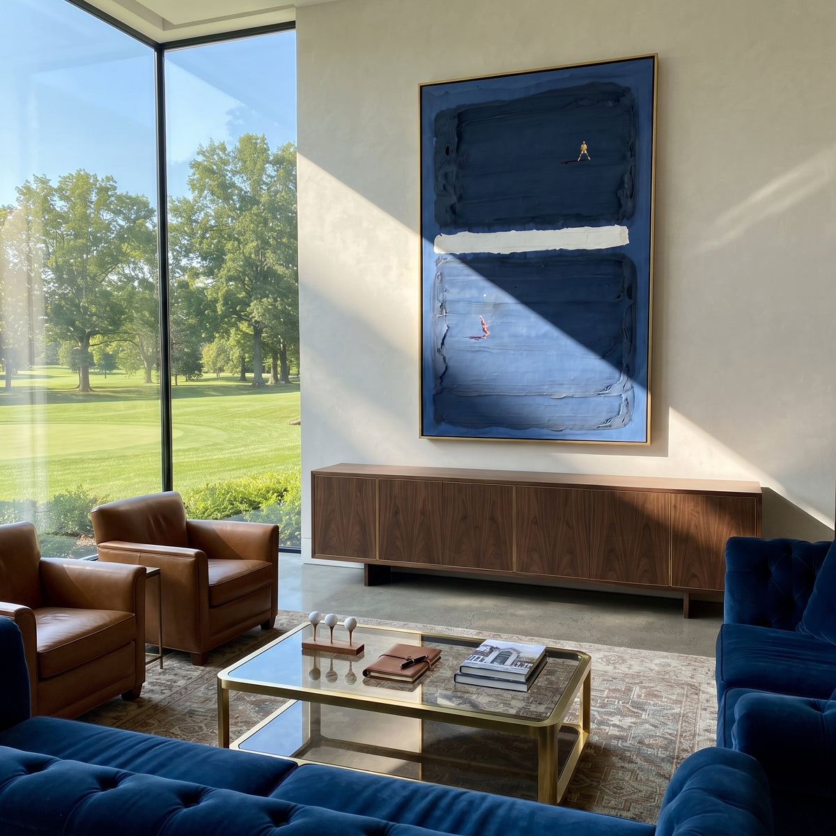 Azure Onyx Slate Passage Pause - textured abstract painting shown in modern room setting 3
