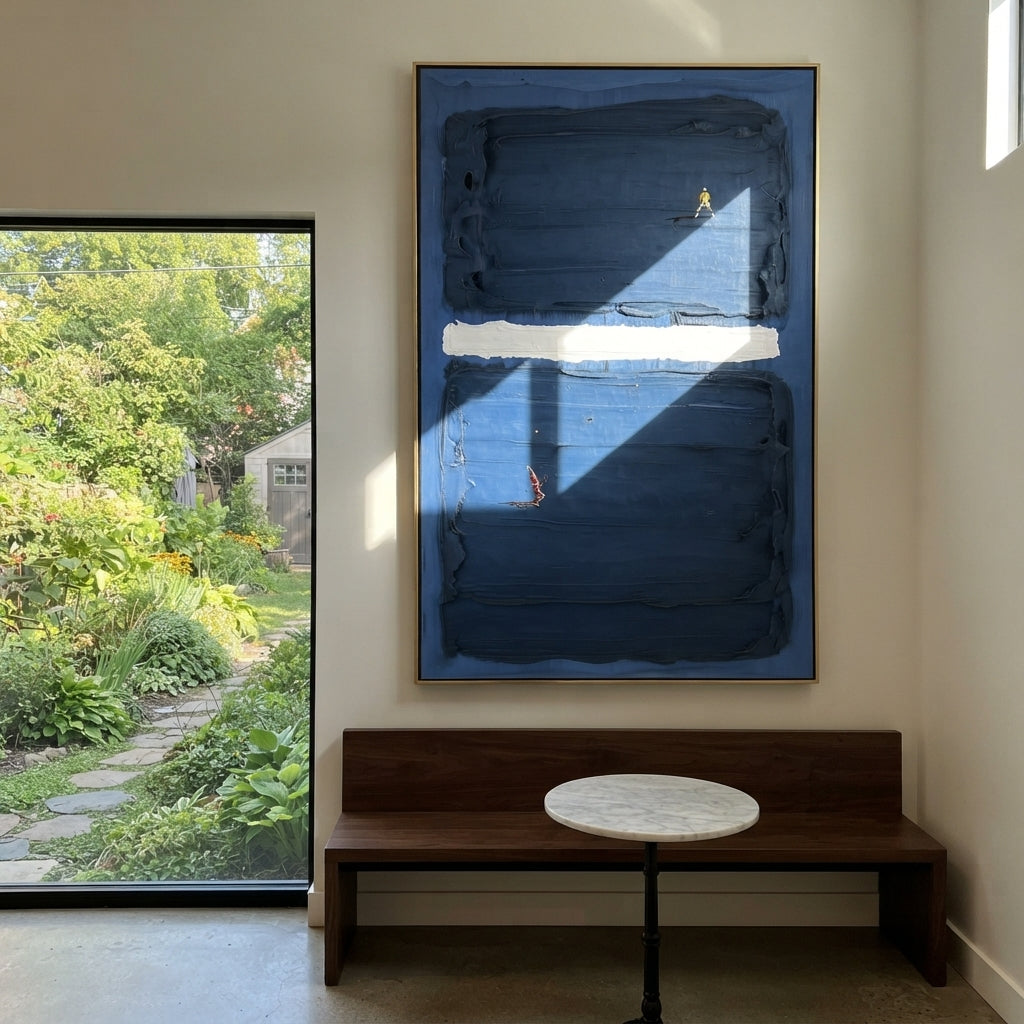 Azure Onyx Slate Passage Pause - textured abstract painting shown in modern room setting 4