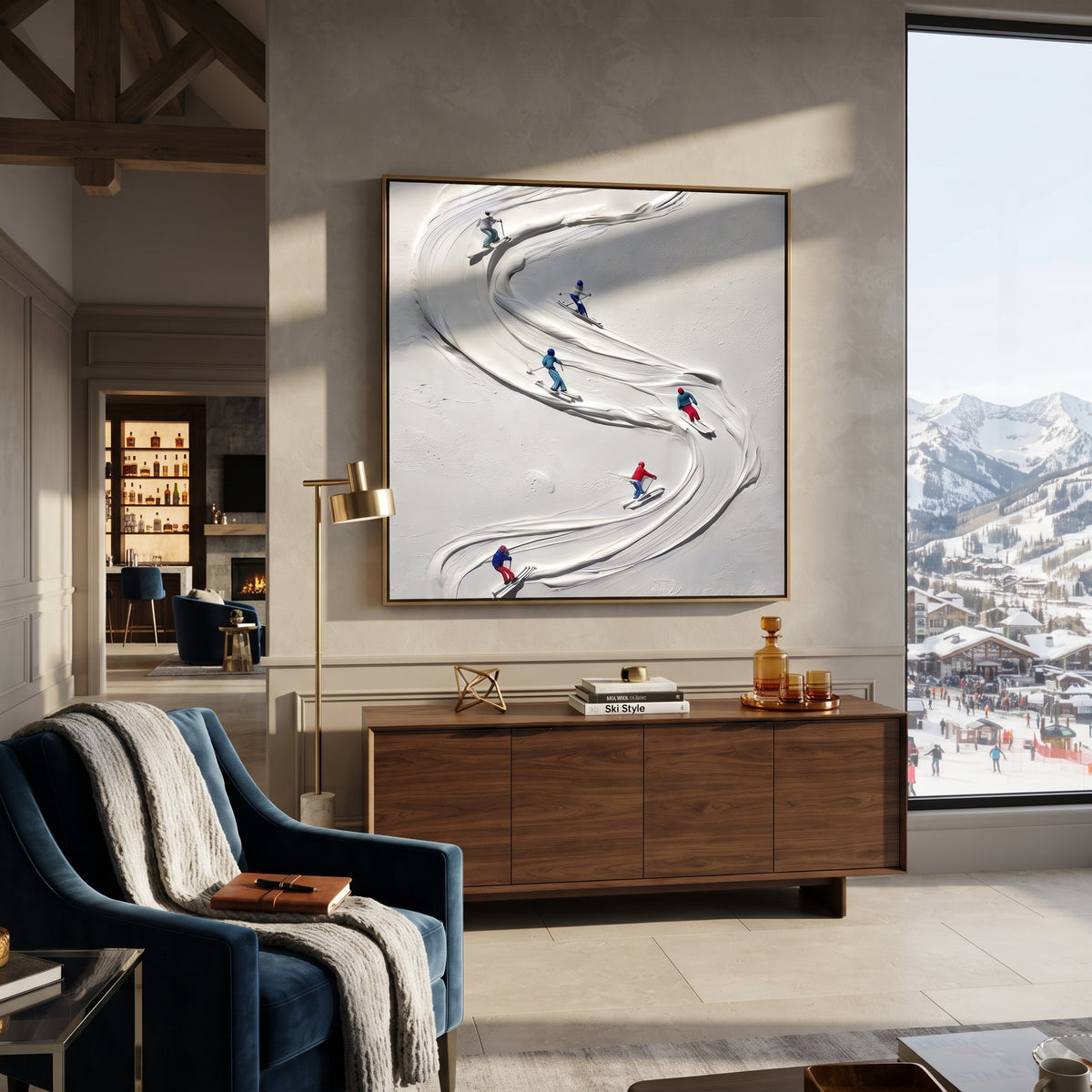 Slate Azure Skiers Tides Balance - textured skiing painting displayed in a styled interior