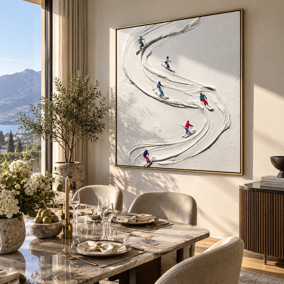 Slate Azure Skiers Tides Balance - textured skiing painting shown in modern room setting 2