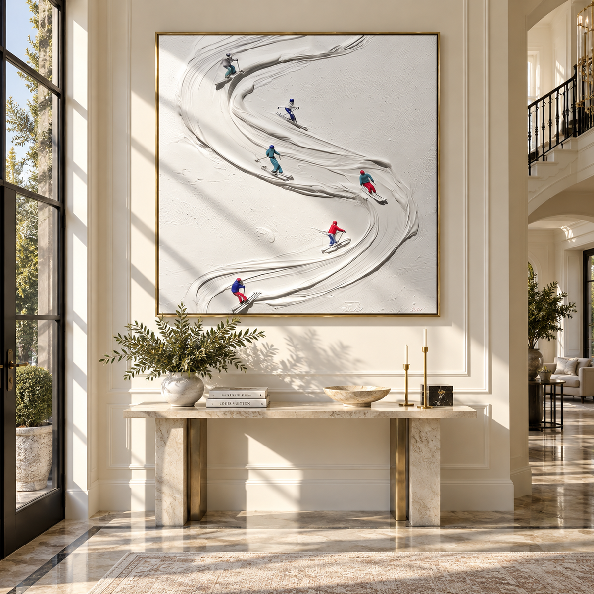 Slate Azure Skiers Tides Balance - textured skiing painting shown in modern room setting 5