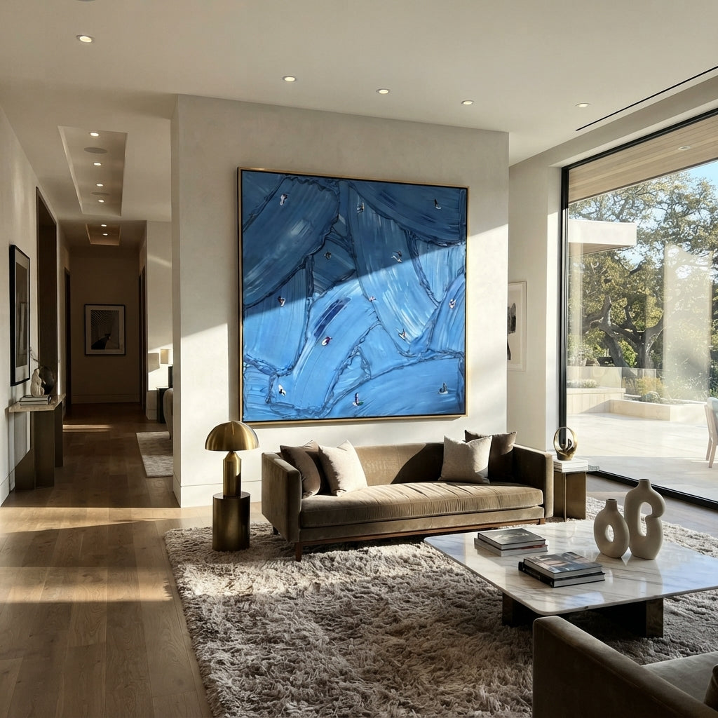 Azure Slate Swimmers Currents Resonance - textured swimmer painting displayed in a styled interior