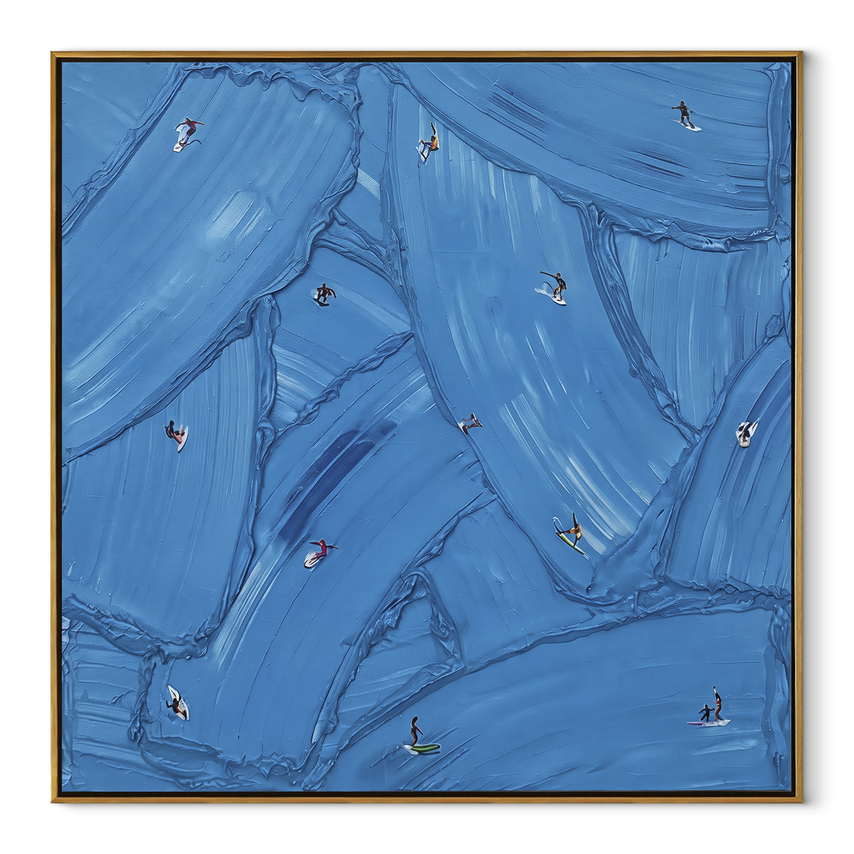 Azure Slate Swimmers Currents Resonance - textured swimmer painting in a wood frame on white