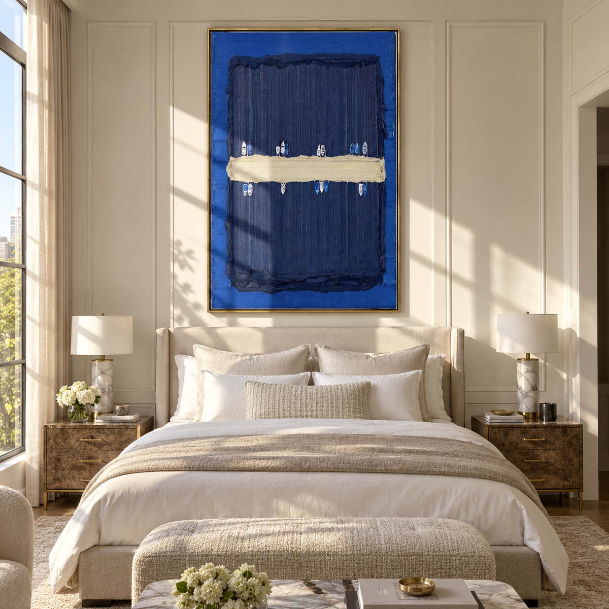 Azure Slate Onyx Layers Calm - textured abstract painting shown in modern room setting 2
