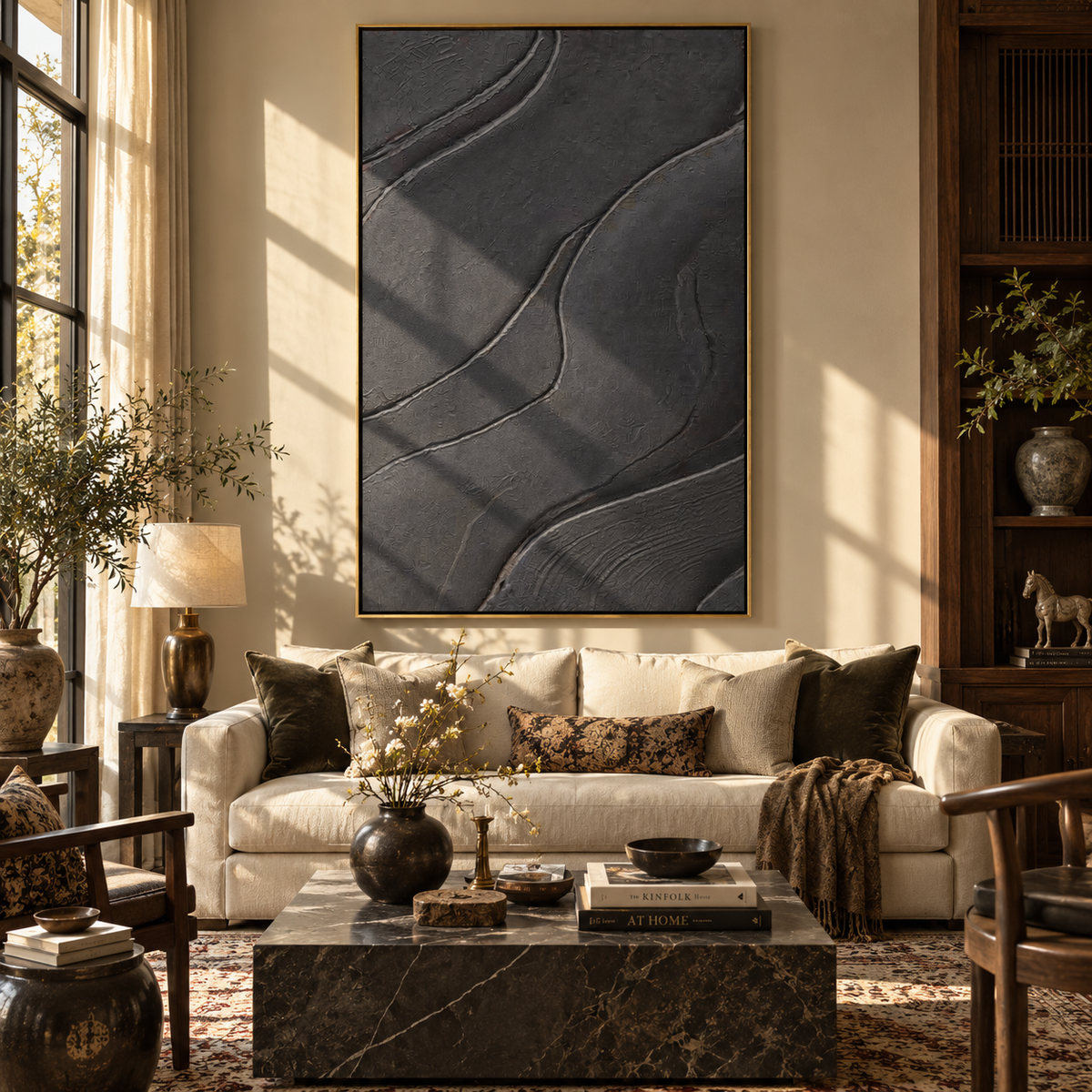 Slate Onyx Umber Balance Stillness - textured abstract painting shown in modern room setting 2
