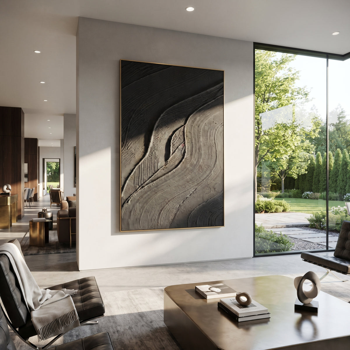 Slate Onyx Violet Drift Rain - textured abstract painting displayed in a styled interior