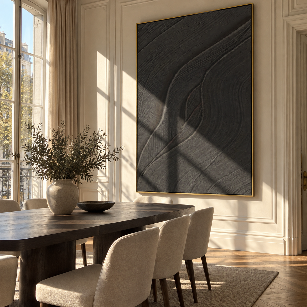 Slate Onyx Violet Drift Rain - textured abstract painting shown in modern room setting 2