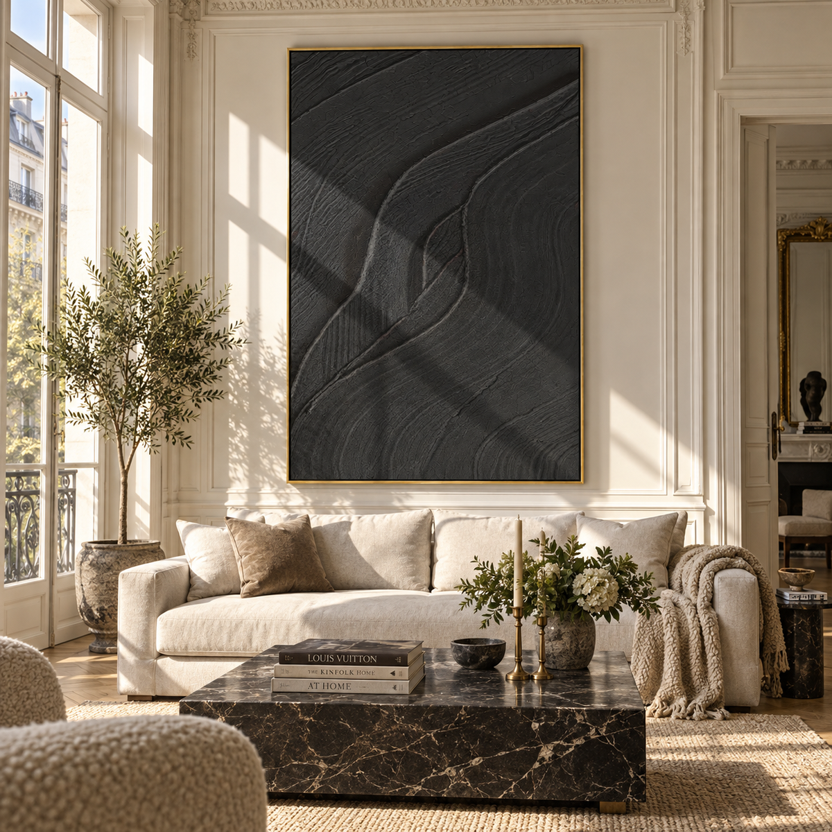 Slate Onyx Violet Drift Rain - textured abstract painting shown in modern room setting 3