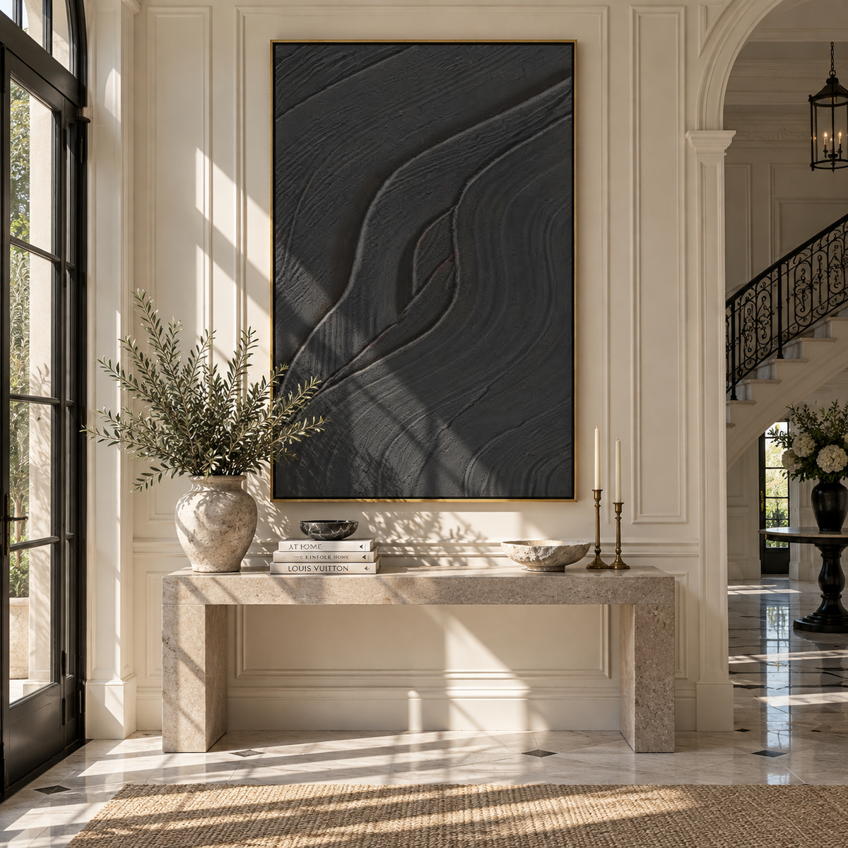 Slate Onyx Violet Drift Rain - textured abstract painting shown in modern room setting 5