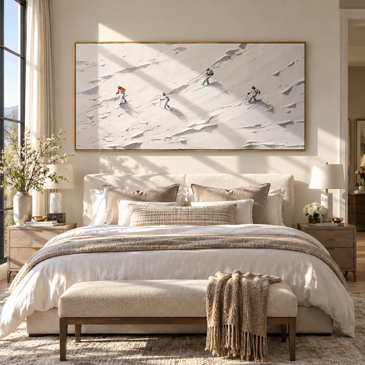Ivory Slate Skiers Contours Cadence - textured skiing painting displayed in a styled interior