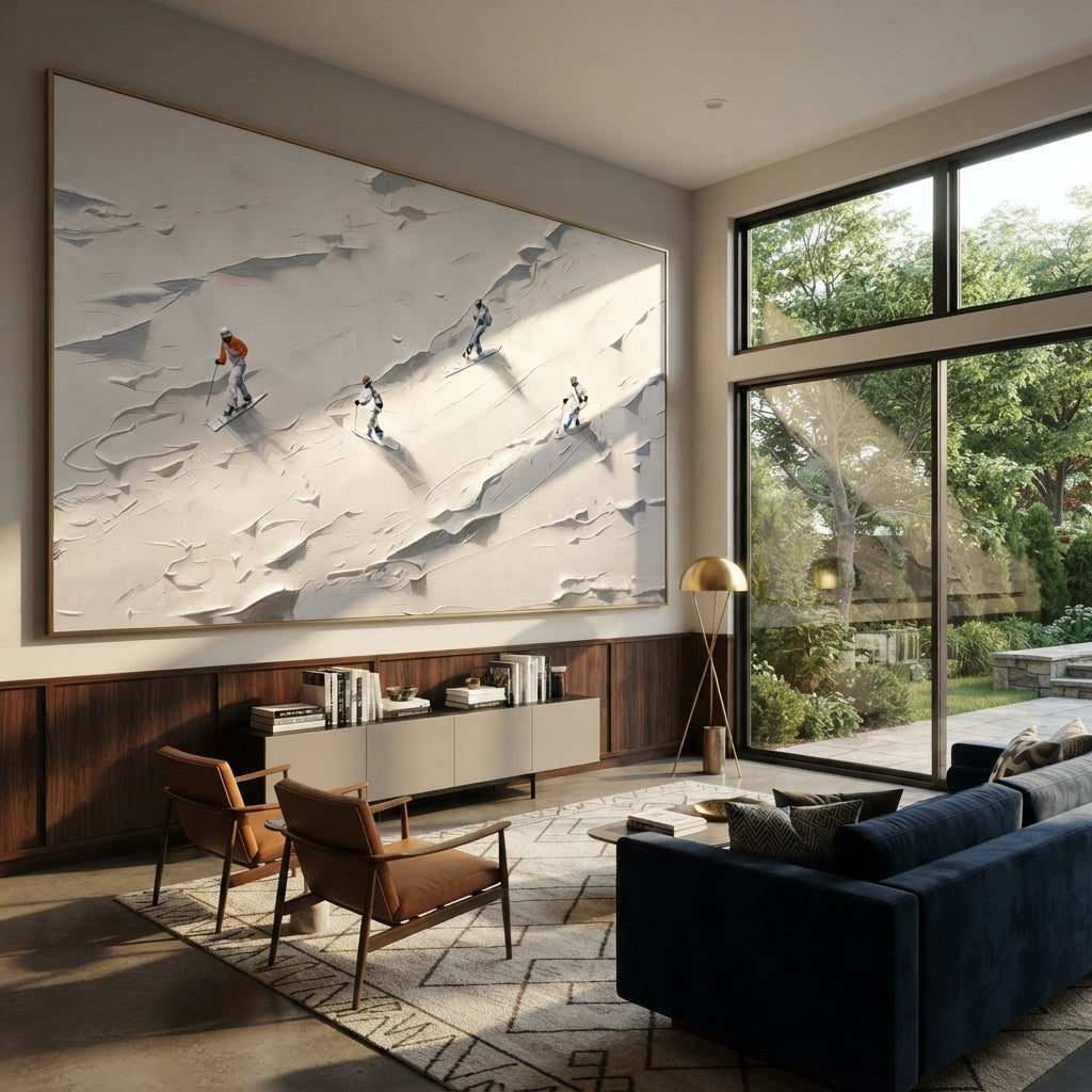 Ivory Slate Skiers Contours Cadence - textured skiing painting shown in modern room setting 3