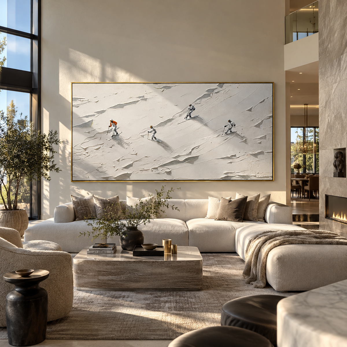 Ivory Slate Skiers Contours Cadence - textured skiing painting shown in modern room setting 4