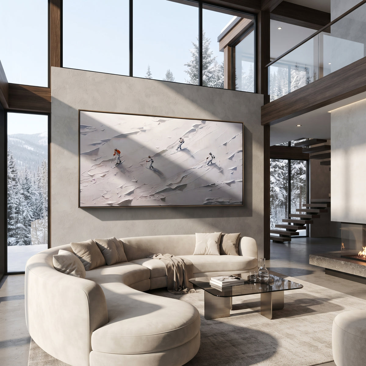 Ivory Slate Skiers Contours Cadence - textured skiing painting shown in modern room setting 5