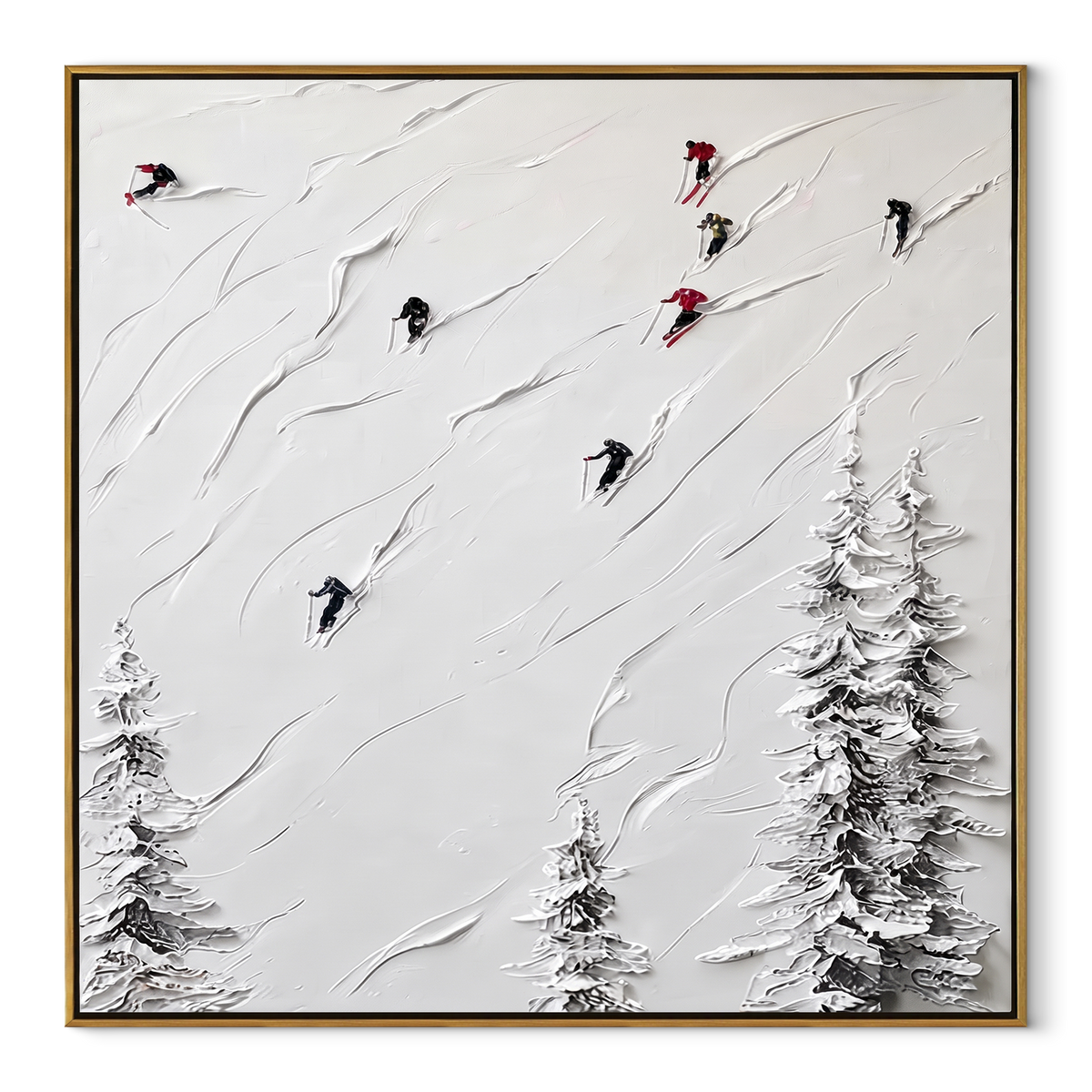 Slate Onyx Skiers Crossing Dusk - textured skiing painting in a wood frame on white
