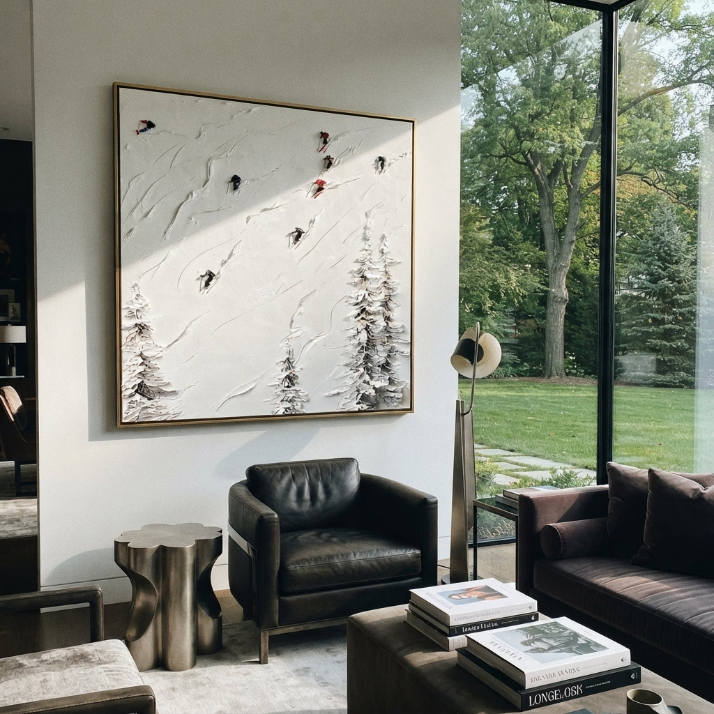 Slate Onyx Skiers Crossing Dusk - textured skiing painting shown in modern room setting 3