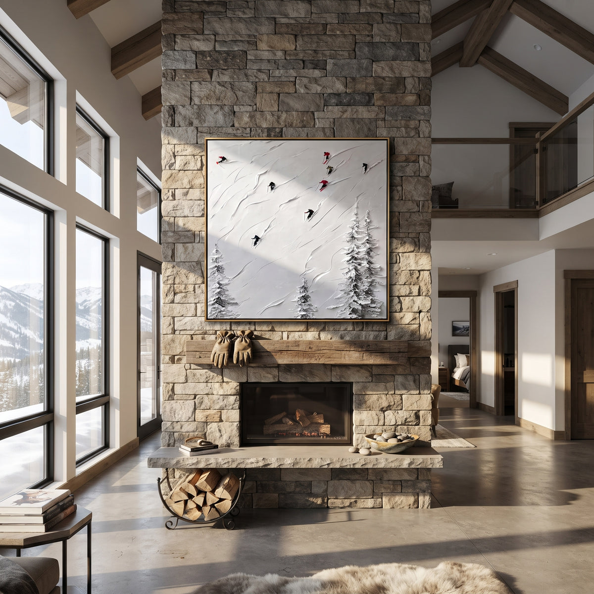 Slate Onyx Skiers Crossing Dusk - textured skiing painting shown in modern room setting 5
