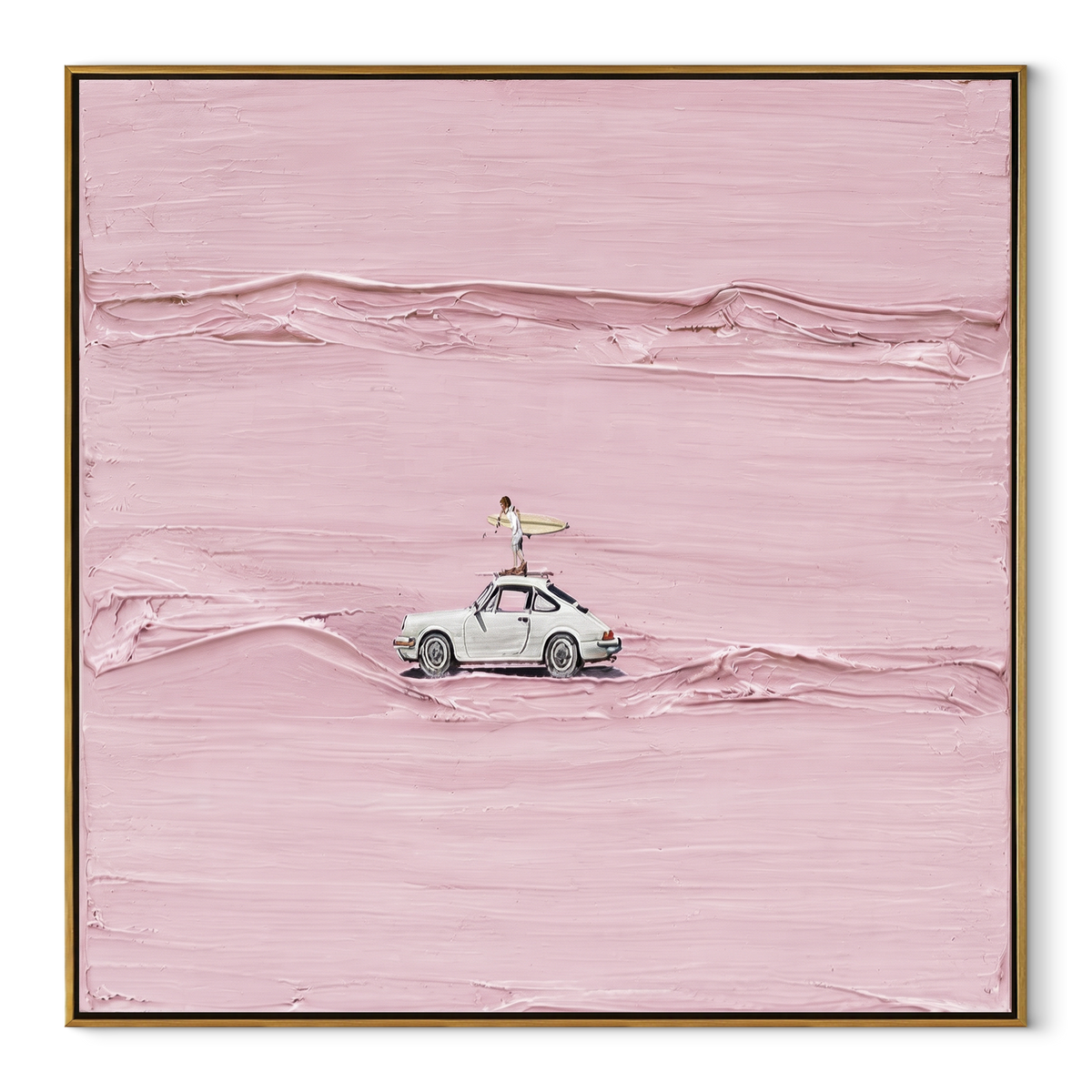 Linen Slate Road Echo Interval - textured car painting in a wood frame on white
