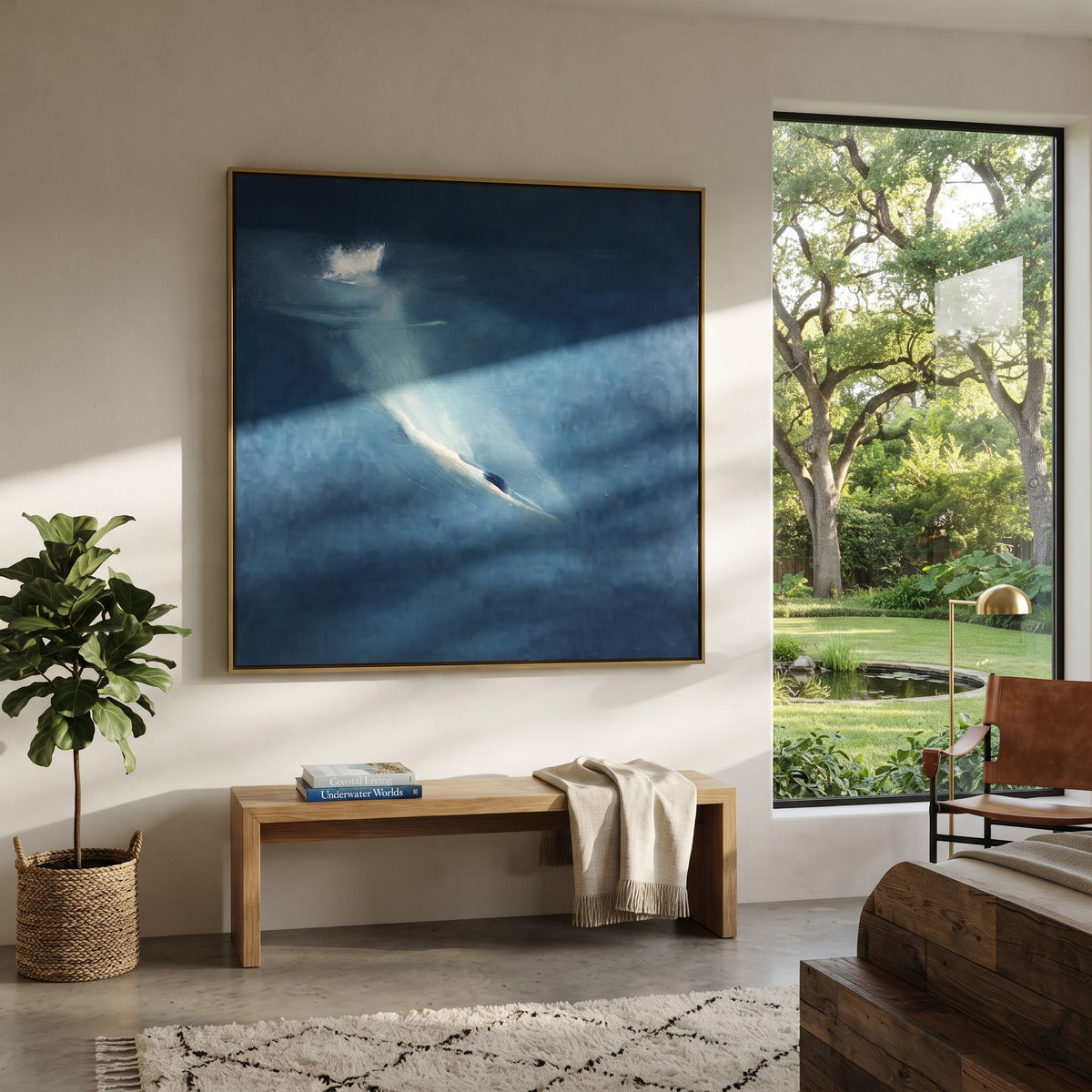 Azure Slate Swimmers Rhythm Distance - textured swimmer painting shown in modern room setting 2
