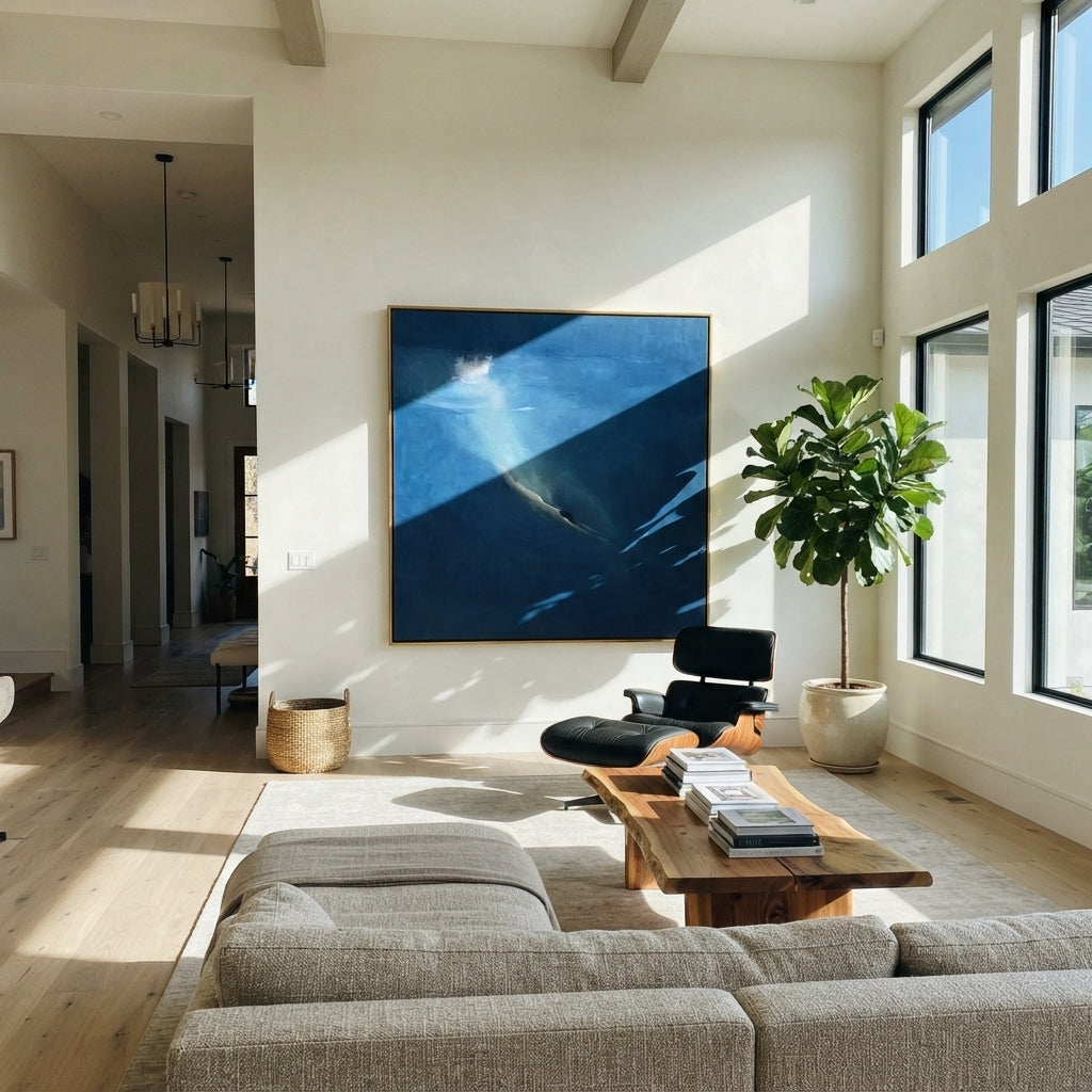 Azure Slate Swimmers Rhythm Distance - textured swimmer painting shown in modern room setting 4