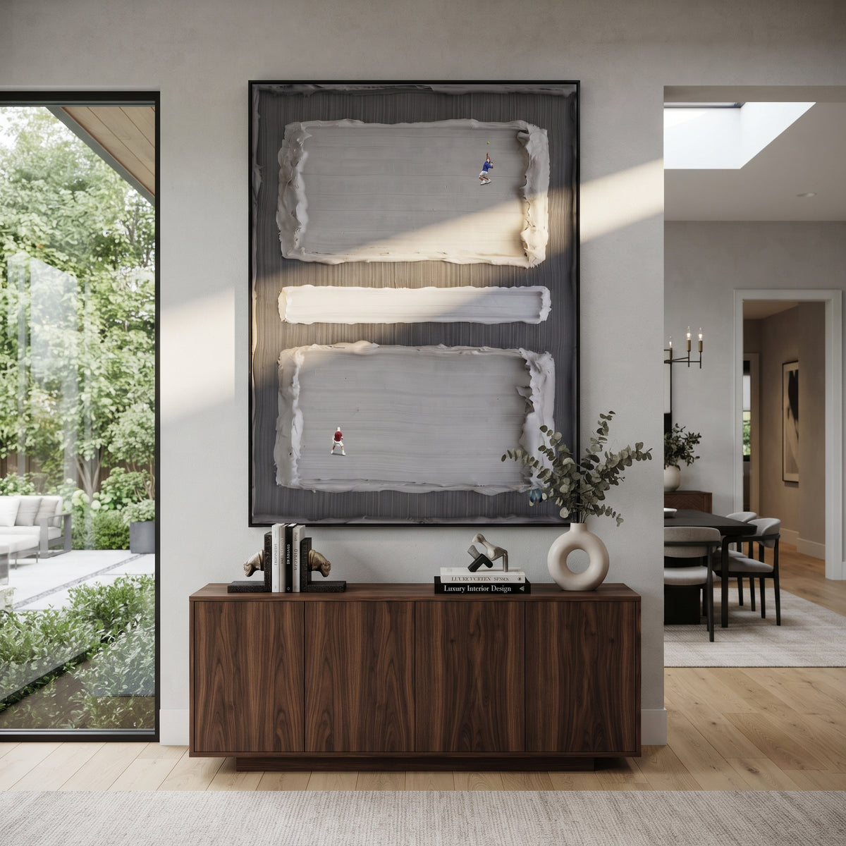 Slate Onyx Linen Relief Light - textured abstract painting displayed in a styled interior