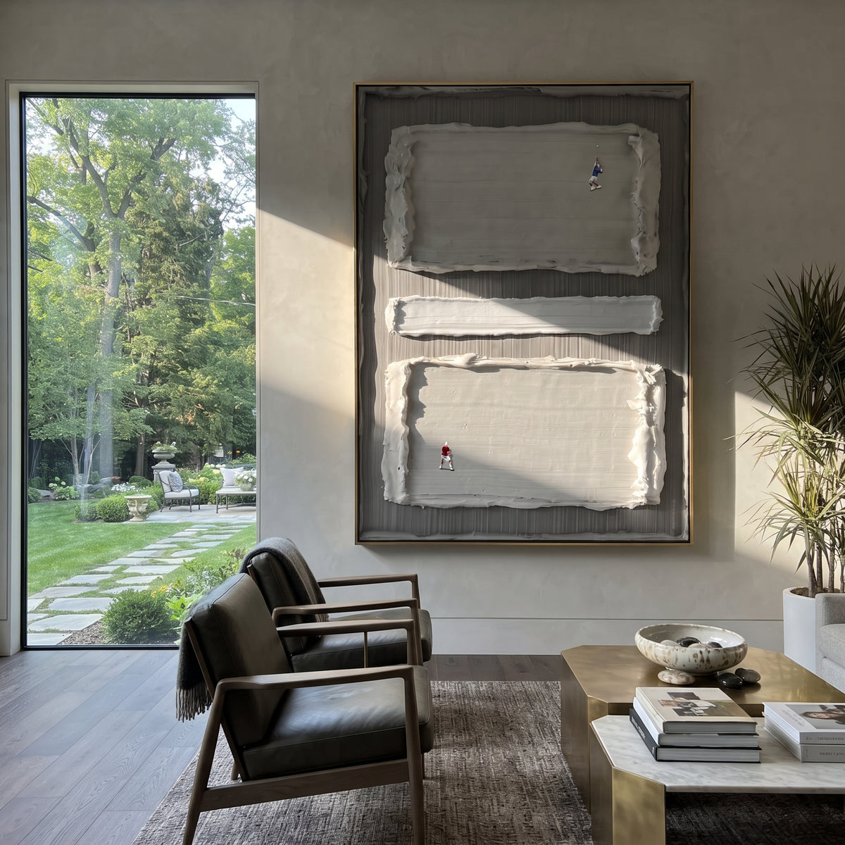 Slate Onyx Linen Relief Light - textured abstract painting shown in modern room setting 4