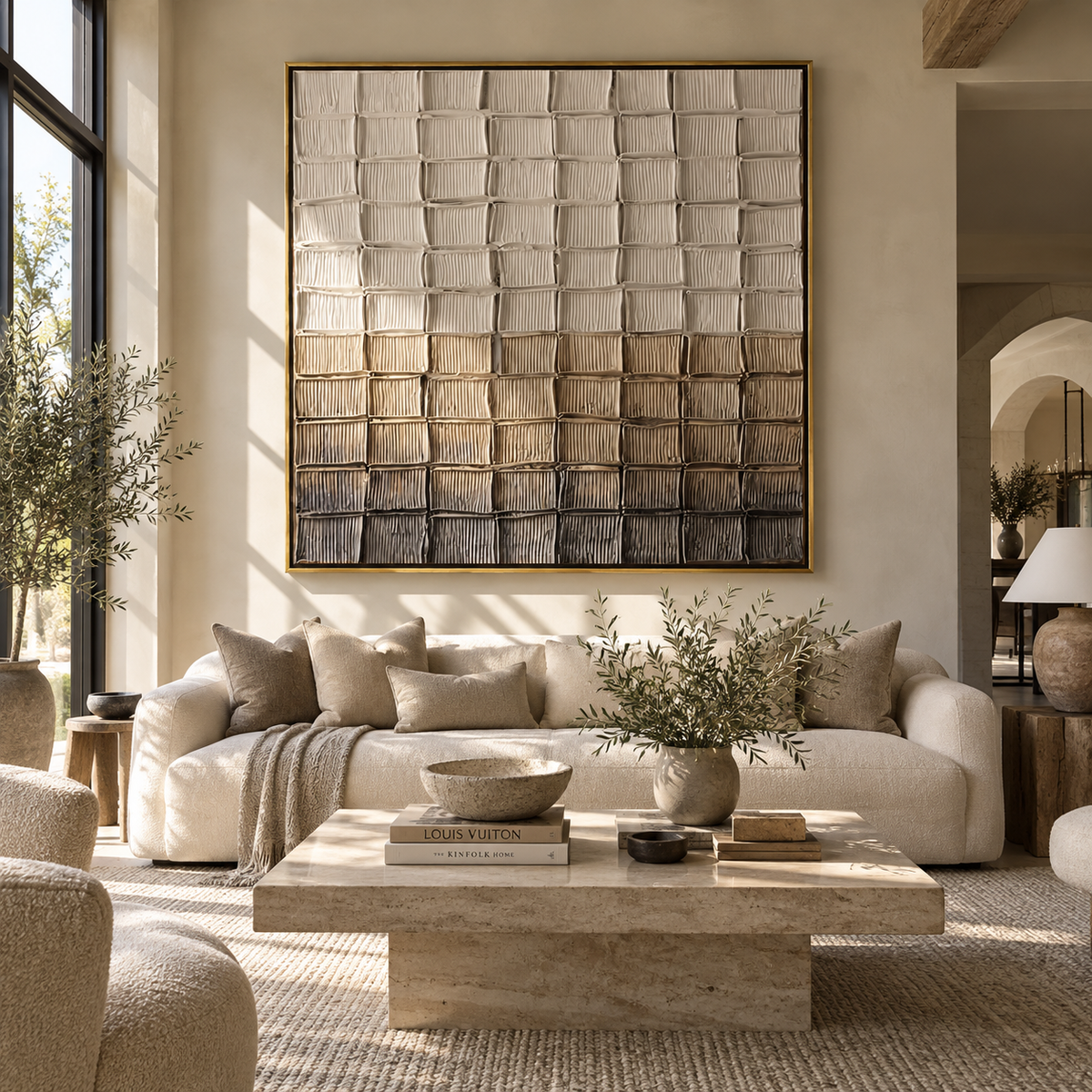 Slate Linen Umber Strata Tension - textured abstract painting displayed in a styled interior