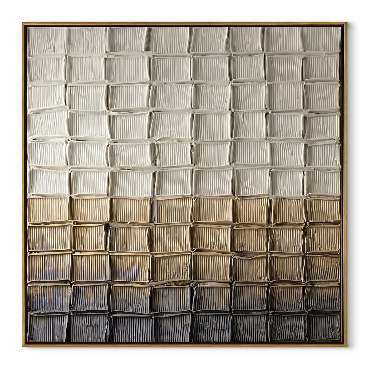 Slate Linen Umber Strata Tension - textured abstract painting in a wood frame on white