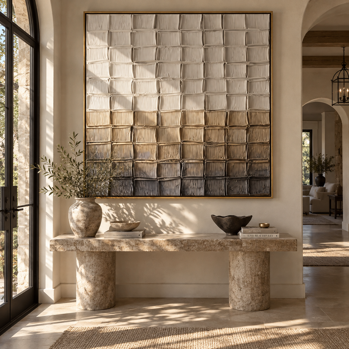 Slate Linen Umber Strata Tension - textured abstract painting shown in modern room setting 3