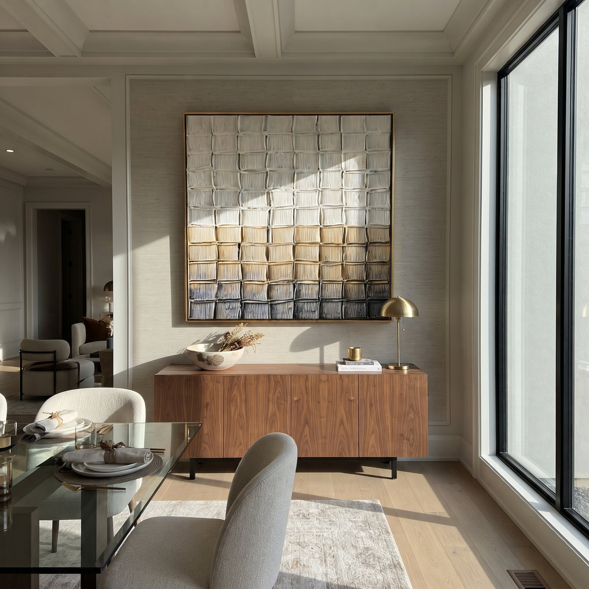 Slate Linen Umber Strata Tension - textured abstract painting shown in modern room setting 5