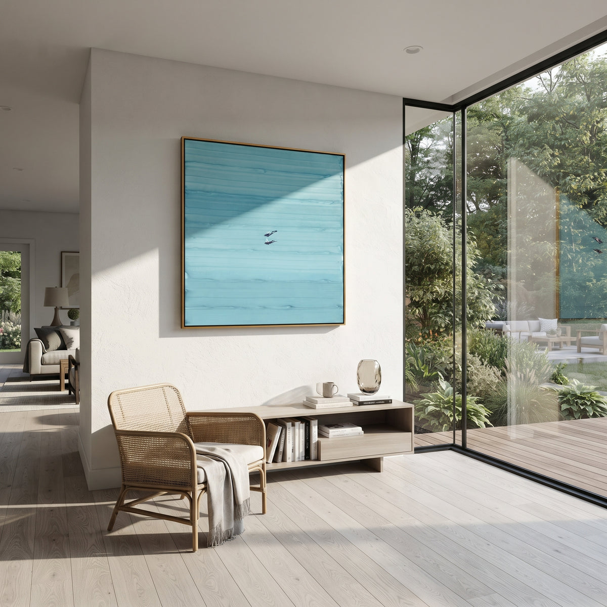 Azure Violet Swimmers Horizon Quiet - textured swimmer painting shown in modern room setting 2