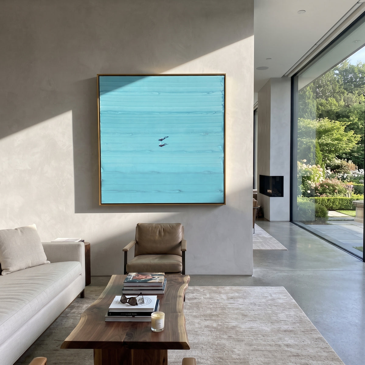 Azure Violet Swimmers Horizon Quiet - textured swimmer painting shown in modern room setting 3