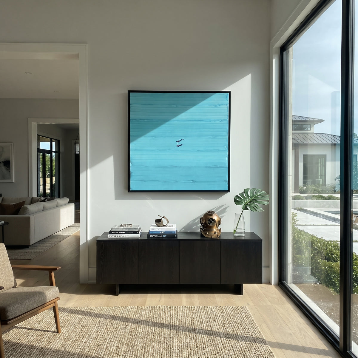 Azure Violet Swimmers Horizon Quiet - textured swimmer painting shown in modern room setting 5