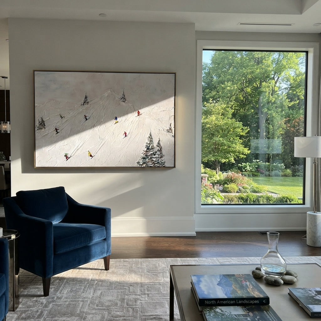 Ivory Slate Skiers Passage Depth - textured skiing painting shown in modern room setting 2