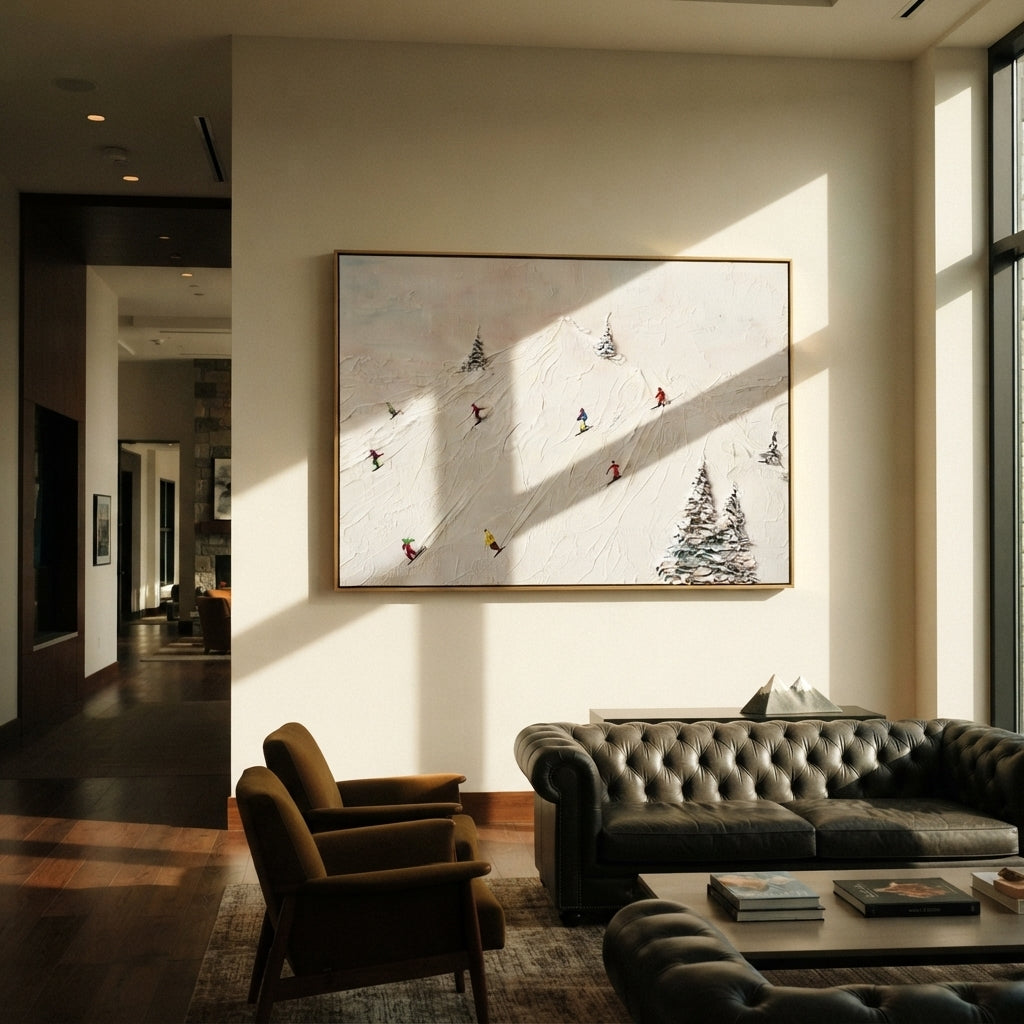 Ivory Slate Skiers Passage Depth - textured skiing painting shown in modern room setting 5