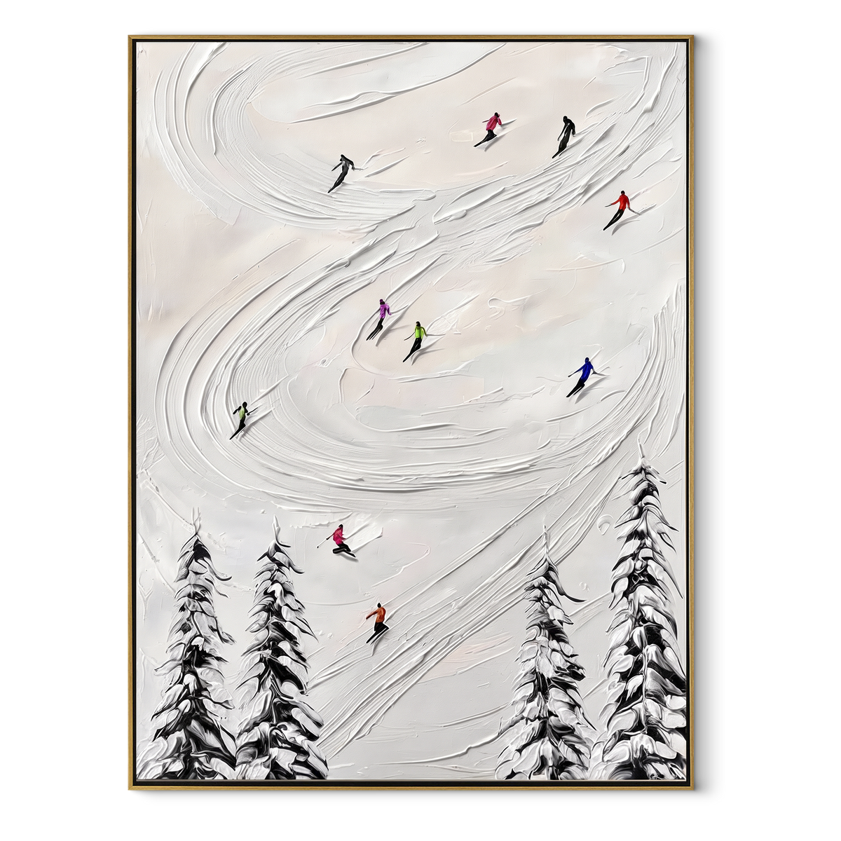 Slate Onyx Skiers Tides Silence - textured skiing painting in a wood frame on white