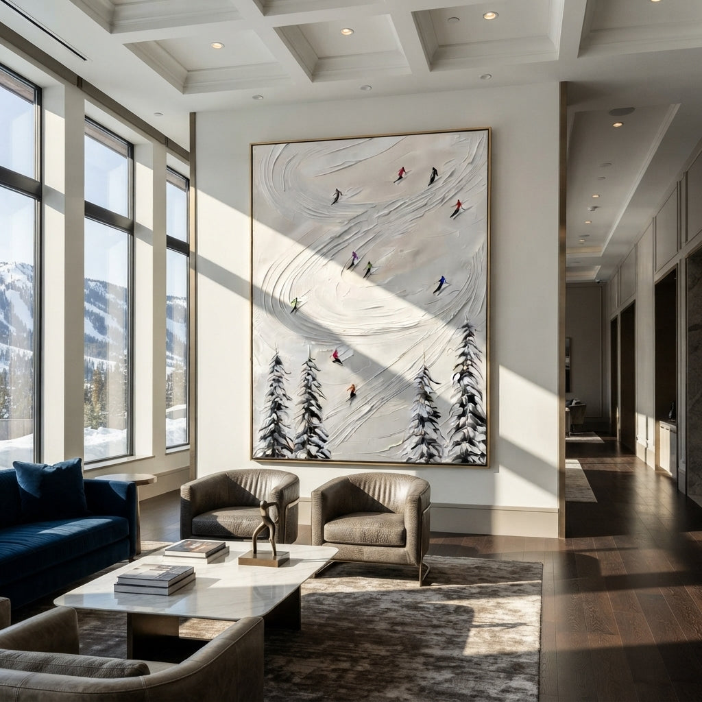 Slate Onyx Skiers Tides Silence - textured skiing painting shown in modern room setting 3